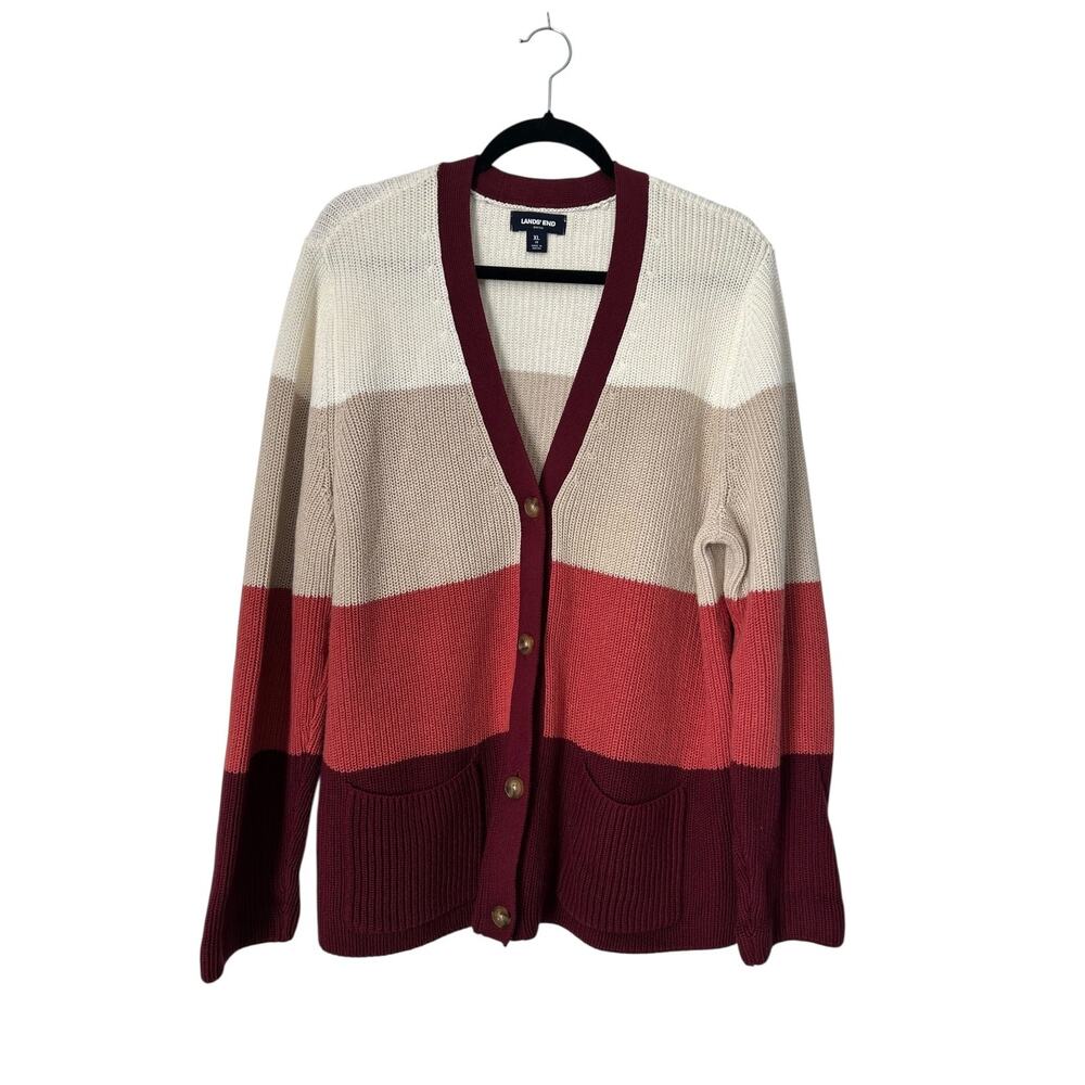 Lands End Drifter Sweater Size XL Striped Colorblock Cardigan Chunky Cable Knit